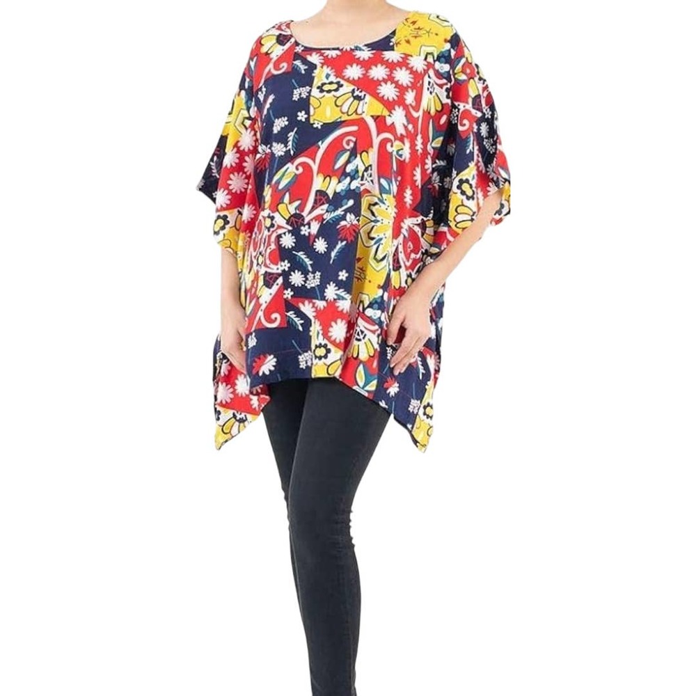 Tamsy Bright Red Patchwork Kaftan / Tunic, One Size Fits‎ All